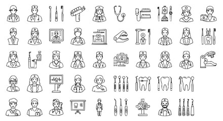 Collection of medical and dental icons vector set featuring doctors nurses and dental equipment outlines vector