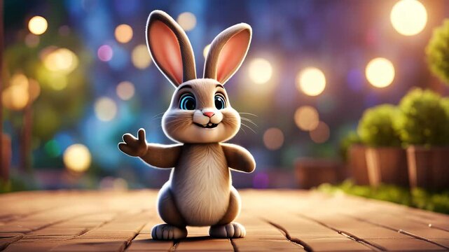 Cute cartoon rabbit waving paw outdoor in spring park