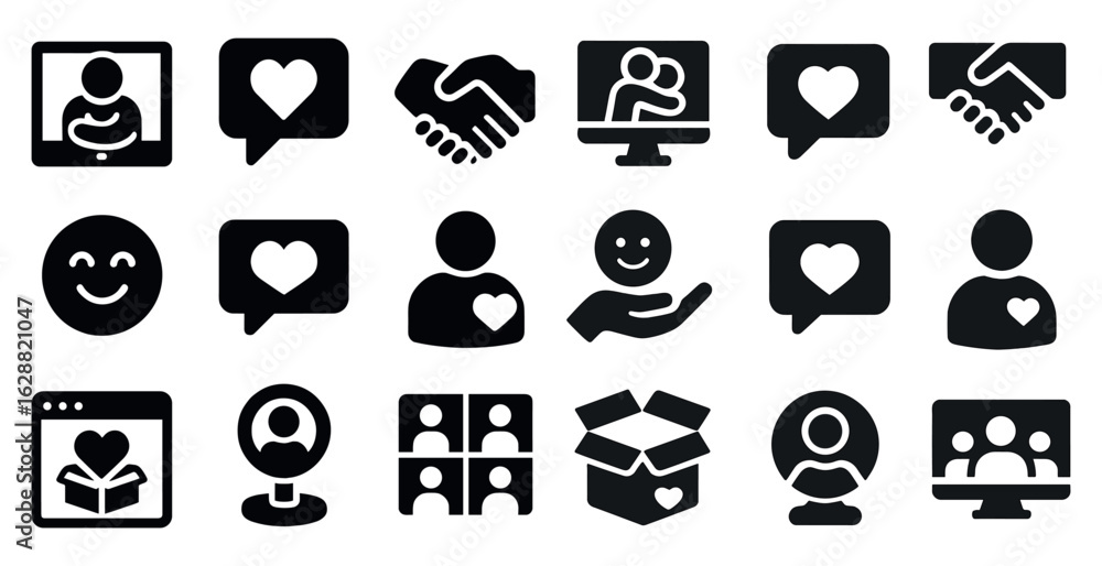 Poster communication and connection icons set - solid, filled, messaging and interaction symbols