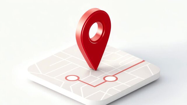 Isometric red map pin on navigation route, 3d location pointer icon on digital map interface, gps tracking and destination concept for mobile apps