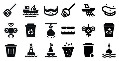 Marine and waste management icons set &ndash; solid, silhouette, environmental symbols