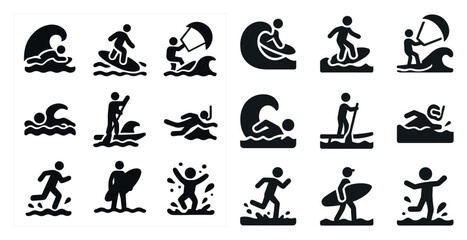 Water sports silhouette icons set – swimming, surfing, aquatic activities symbols