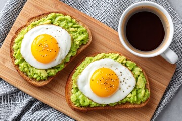 Healthy breakfast with whole wheat toasts, avocado, fried eggs and coffee