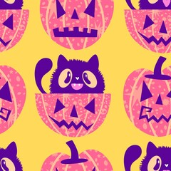 Halloween animals seamless cats pattern for wrapping paper and fabrics and linens and kids clothes print