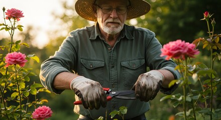 Gardening Joy Elderly Man Pruning Roses in Sunny Garden