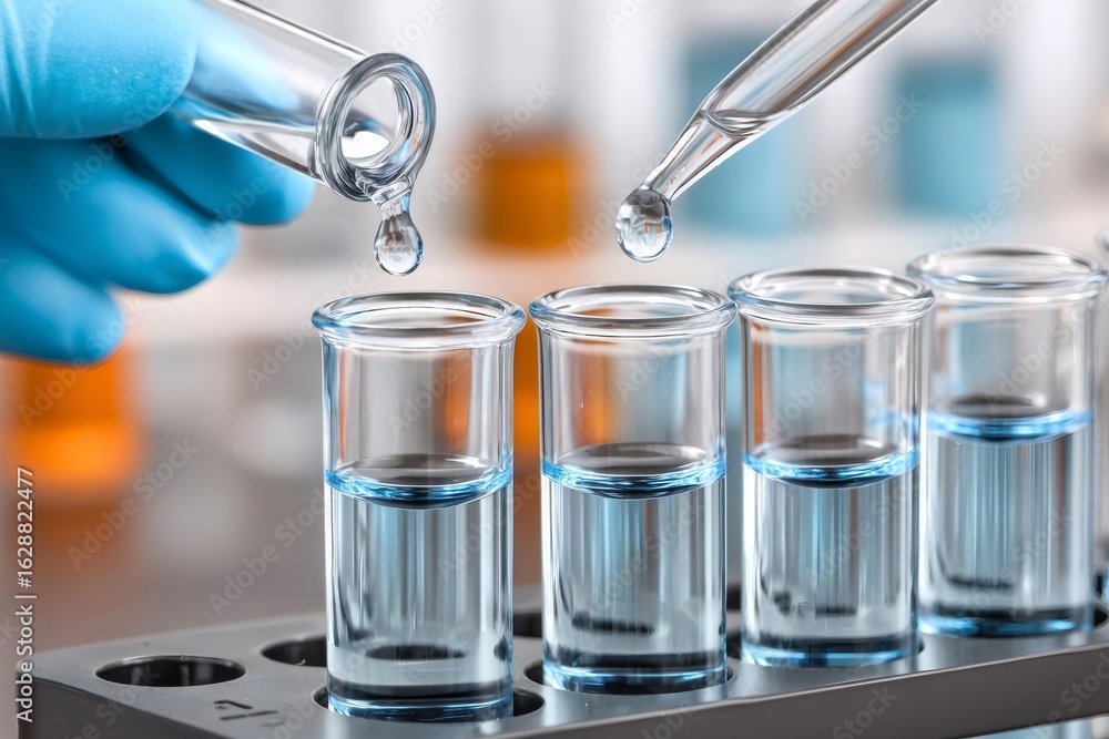 Aufkleber scientist adding fluid drops into test tubes during experiment in laboratory