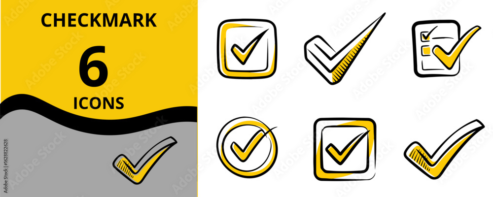 Poster set of six checkmark icons in minimalist style on a grey background