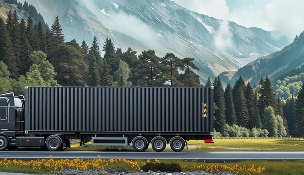 Truck trailer with container on the road over nature background. Cargo delivery vehicle template, side view. Big commercial cargo van