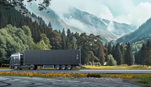 Truck trailer with container on the road over nature background. Cargo delivery vehicle template, side view. Big commercial cargo van