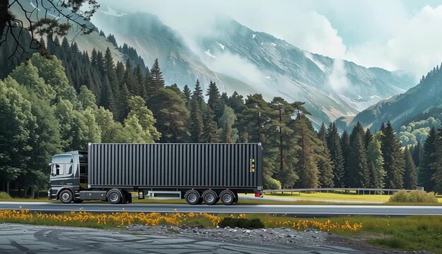 Truck trailer with container on the road over nature background. Cargo delivery vehicle template, side view. Big commercial cargo van