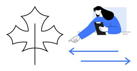 Minimalist maple leaf outline, woman with clipboard gesturing, and parallel arrows for direction. Ideal for navigation, teamwork, guidance, movement, growth, workflow simple landing page