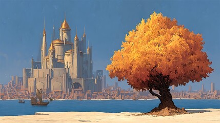 the image presents an idealized cityscape dominated by a large castle like structure with golden domes and towers