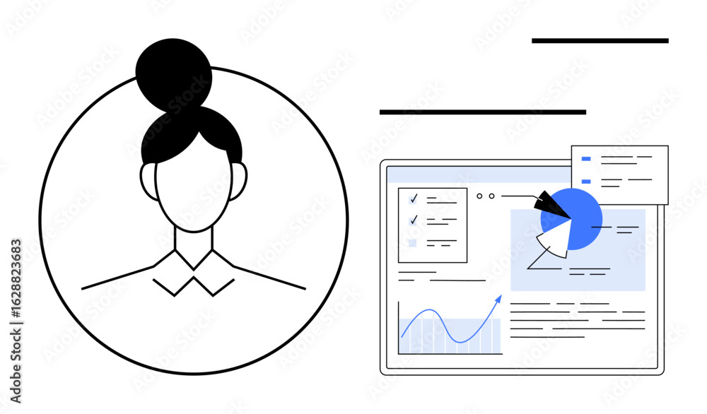 Poster female profile outline next to a data dashboard with pie chart, graphs, and analysis. ideal for user