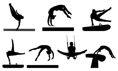 Silhouettes of gymnastic poses. Set of vector icons with gymnasts silhouettes.  Vector illustration.