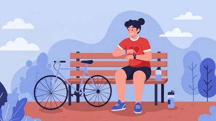 Flat vector woman resting on a bench after bike ride, checking smartwatch activity tracker, enjoying outdoor fitness, health, and healthy lifestyle in nature park - Powered by Adobe