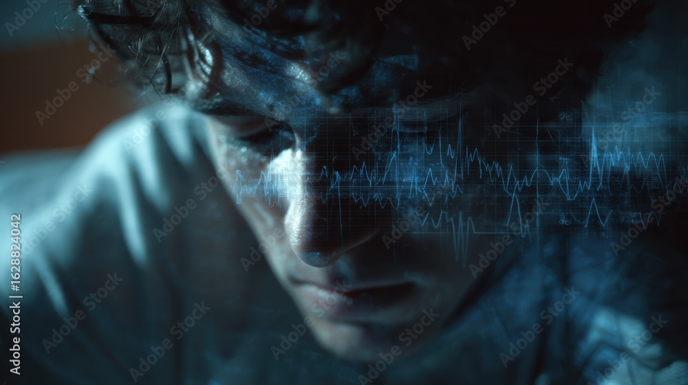 Poster focused medium frame showing a sleepers tense face blurred shadow shapes surrounding with animated r