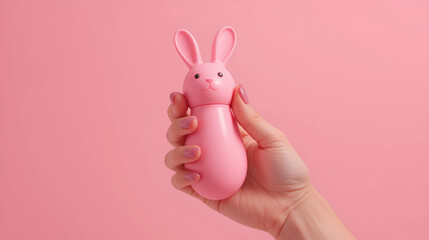 Pink sex toy rabbit shaped vibrator for women in female hand isolated on light pink background