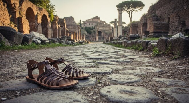 Roman sandals on ancient road