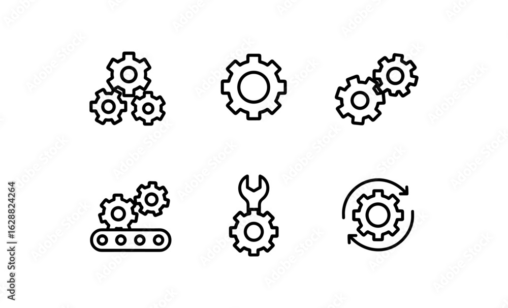 Poster set of linear gear and tool icons for mechanical engineering and automation design