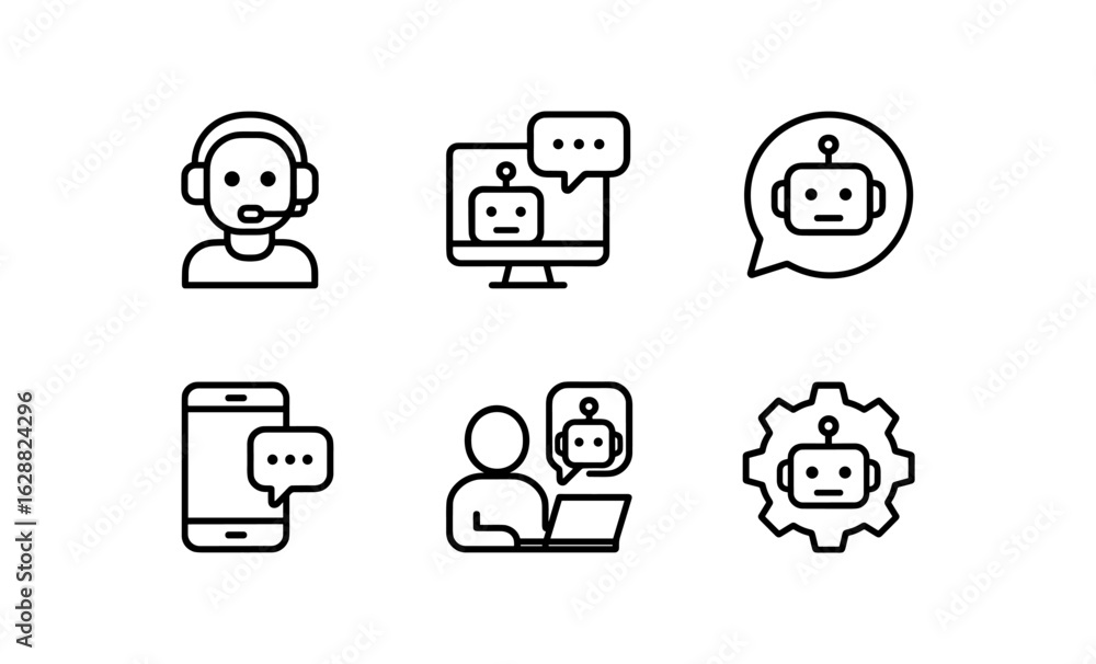 Poster chatbot line icons set: modern communication and ai technology symbols