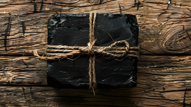 Black gift with twine on wood