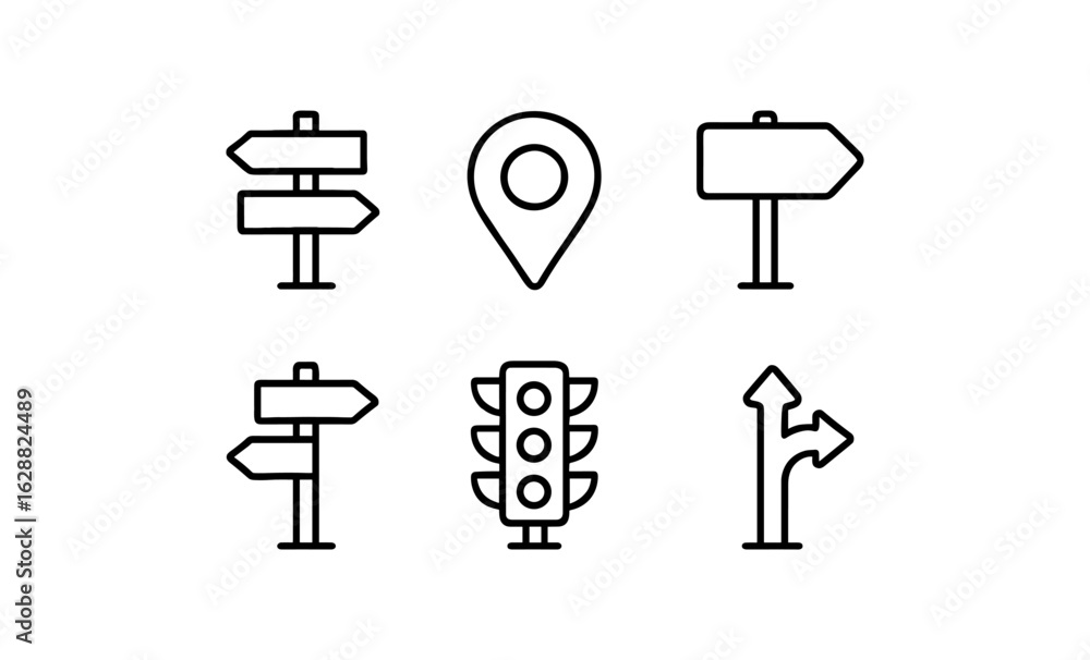 Poster minimalist linear road signs and navigation icons set for maps and apps