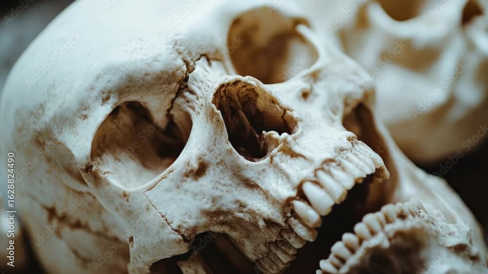 Poster a close-up view of a skull on a table, suitable for use in various scenes and settings