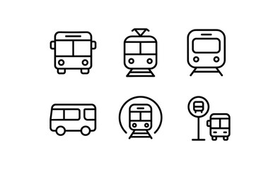 Minimalist public transport icons set featuring buses and trains