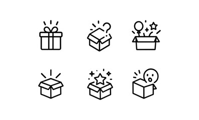 Minimalist icon set of surprise gift boxes with linear design style