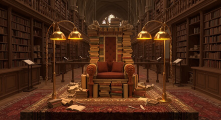 Interior of the library with a long table, chairs, and decorations