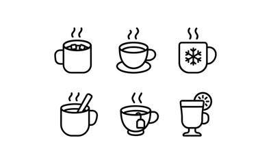 Fototapeta premium Minimalist line art of various hot beverage mugs and cups featuring tea, coffee, and cocoa
