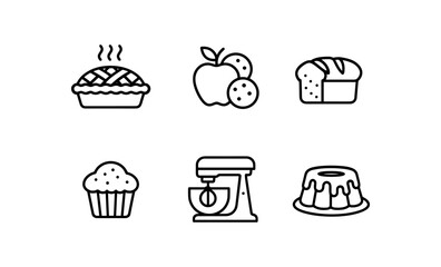 Minimalistic line icons of baked goods and kitchen appliances