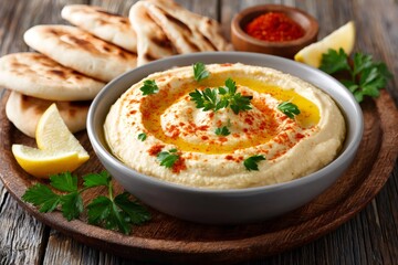 Creamy hummus topped with olive oil, paprika and parsley with pita bread and lemon wedges