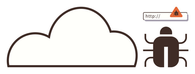 Cloud outline, bug icon, and URL warning highlight data security concerns, malware threats, and online vulnerabilities. Ideal for cybersecurity, technology, cloud computing, online safety IT risk
