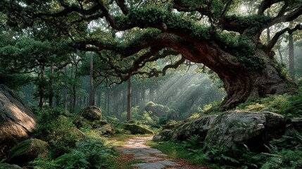Obraz premium Enchanted Forest with Sunlight Beams on Ancient Tree