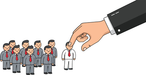 Businessman selection concept with large hand choosing individual from group of men in suits and ties