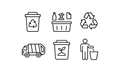 Waste management icons set: recycling, trash bin, garbage truck, linear design