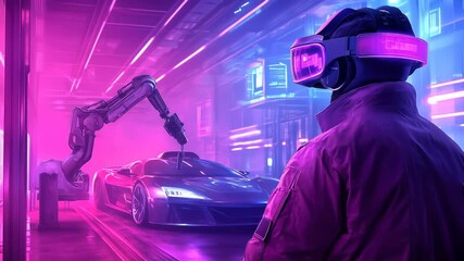 Futuristic scene with person in virtual reality headset observing sports car being assembled by robotic arm in neon-lit high-tech environment. - Powered by Adobe