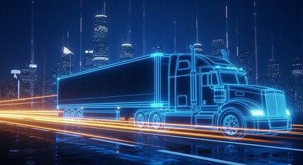 Futuristic Semi-Truck Wireframe: Night City Logistics, High-Speed Delivery, Digital Transportation