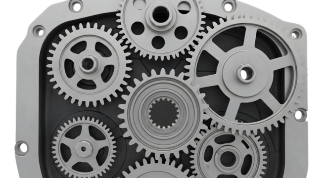 Art of closeup of interlocking metal gears in a mechanical system isolated on transparent background