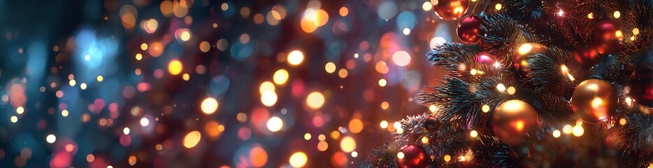 Obraz premium Christmas Tree Ornamentation Displaying Festive Lights and Colorful Bokeh Effects Radiating Warmth