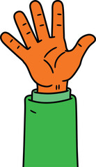 Obraz premium Cartoon style orange hand raised with green sleeve illustration for communication and interaction concepts