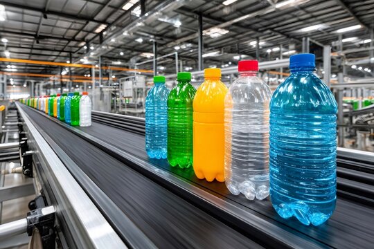 Colorful plastic bottles moving on conveyor belt in beverage factory - Powered by Adobe