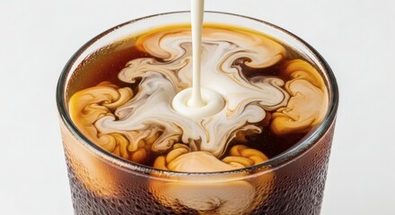 Close up of cream swirling into iced coffee in a glass with ice cubes on a white background
