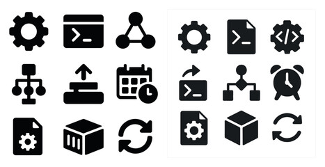 Tech and development solid icons set – filled, coding, and workflow symbols