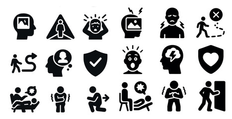Mental health and therapy silhouette icons set – solid, wellness, mind care symbols