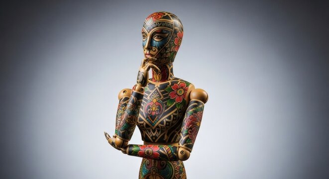 Artistic Mannequin with Intricate Tattoo Patterns and Thoughtful Pose Expressing Contemplation and Creativity in a Studio Setting - Powered by Adobe