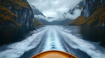 Serene Fjord Cruise Autumnal Landscape from a Boat's Wake