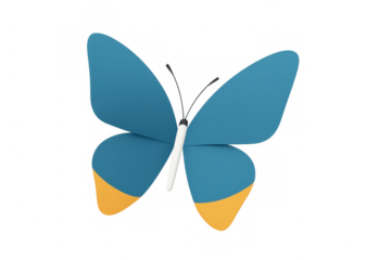 Stylized blue and yellow butterfly spreading vibrant wings, rendered in 3d against transparent backdrop