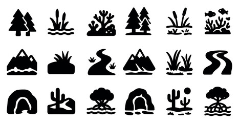 Fototapeta premium Nature silhouette icons set – solid, flat, landscape and outdoor symbols
